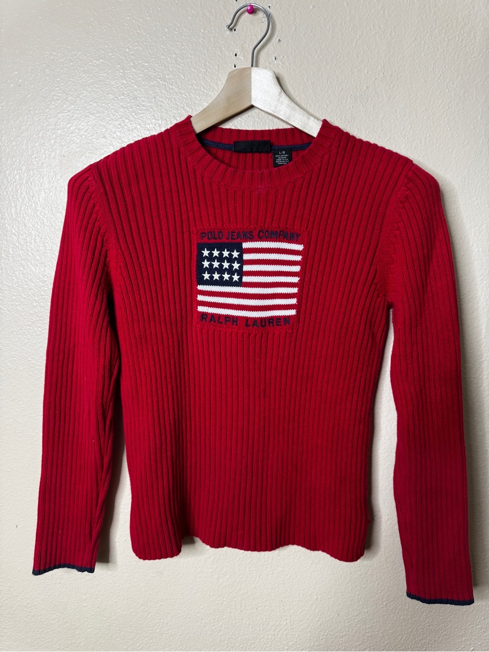 Vintage Polo Jeans Co Ralph Lauren Flag Sweater Women’s L Red Ribbed Cotton